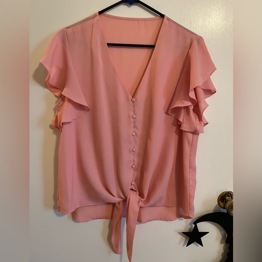 Peach color tie front ruffle sleeves blouse, size large